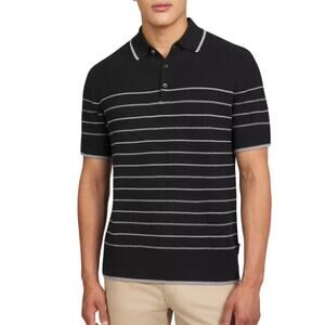 Ben Sherman Mens Textured Short Sleeve Knit Polo Sweater Blue White Stripe Large